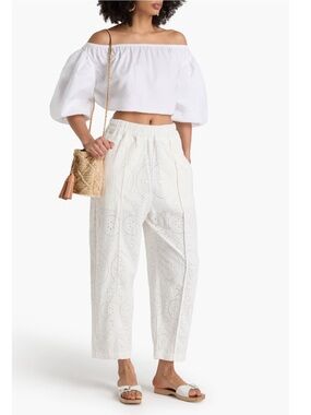 Charo Ruiz Ibiza Lya White Cotton Eyelet Trousers Sz M Boho Coastal Euro Summer‎